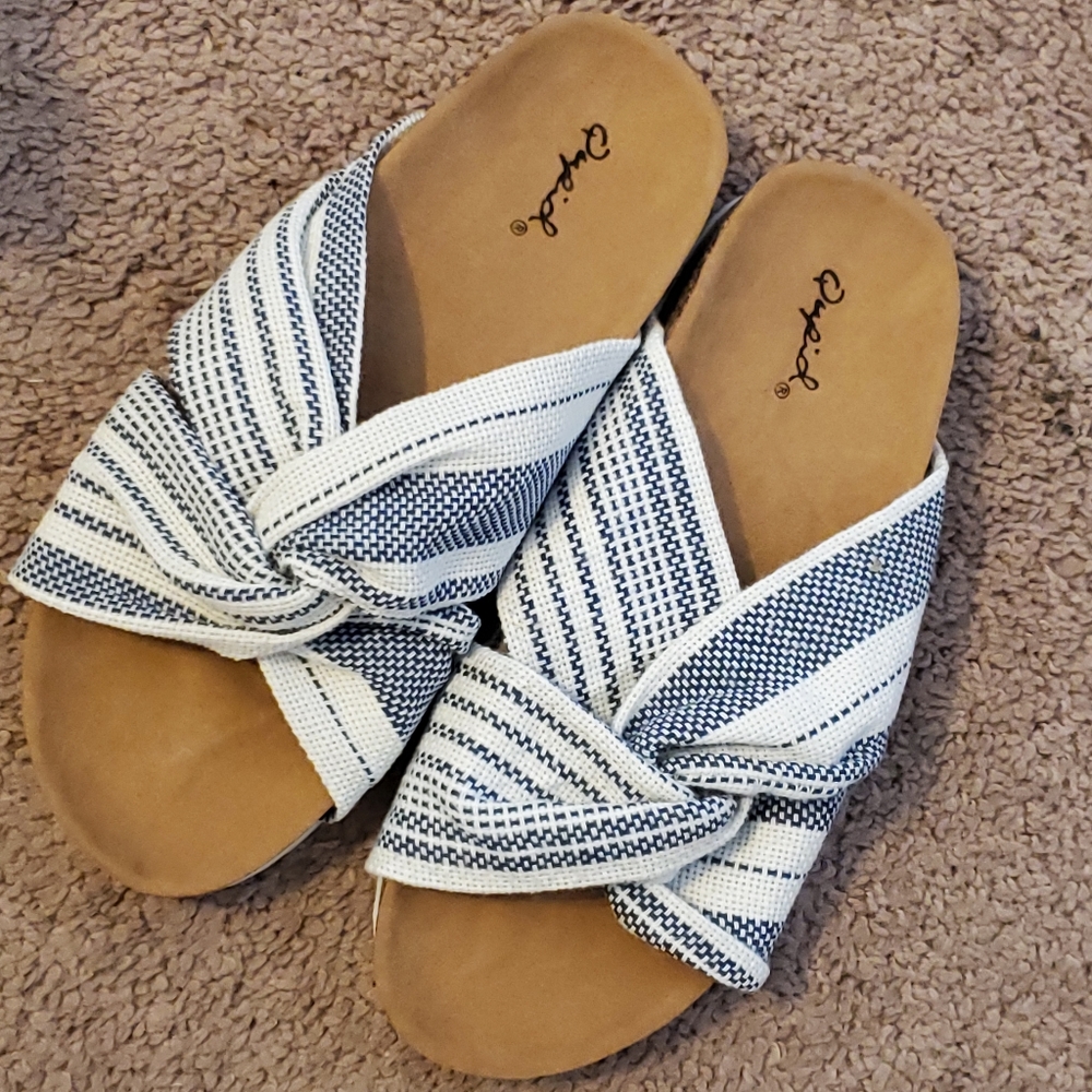Qupid navy and white striped fabric Luka slides size 6